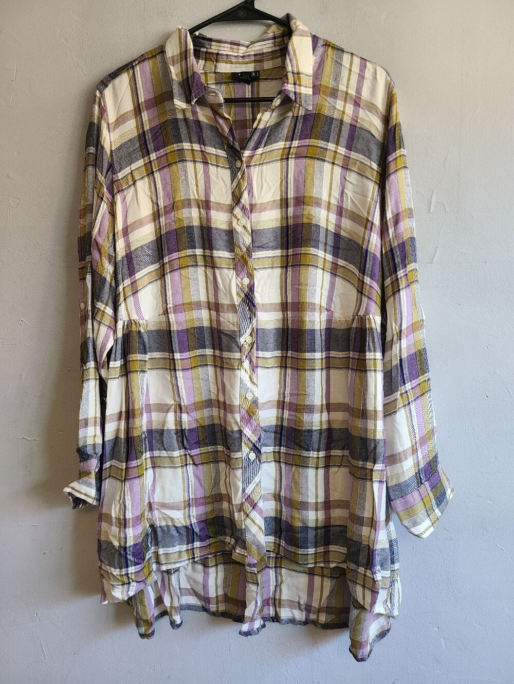 Women's size 0X XL cream plaid tunic soft flowy long sleeve fall shirt